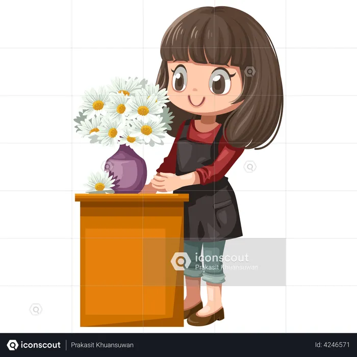 Woman decorating flower pot  Illustration