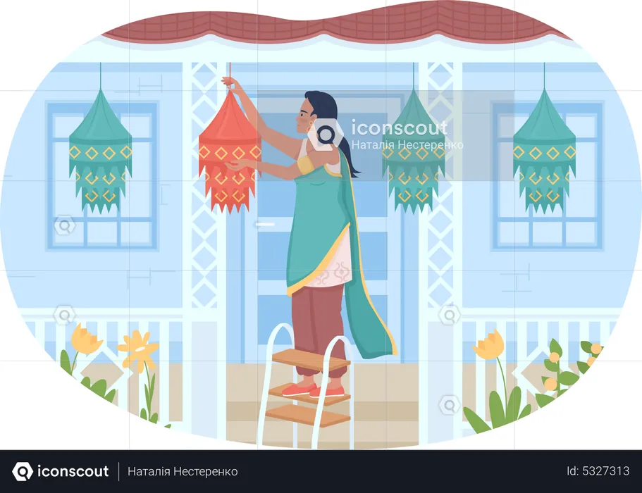 Woman Decorating house for Diwali festival  Illustration
