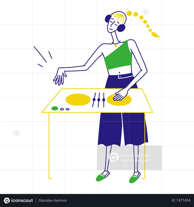 Woman deejay at music desk  Illustration