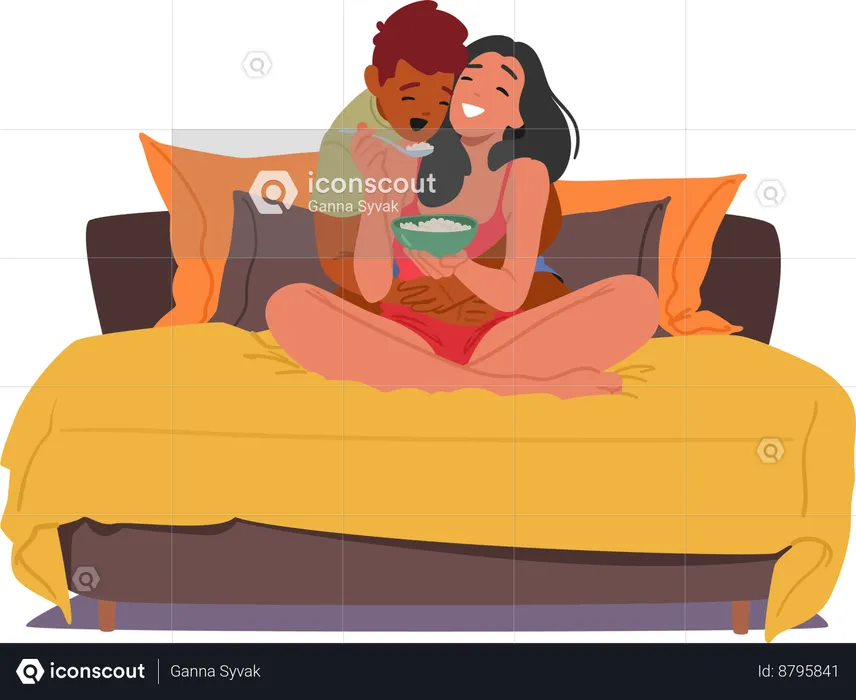 Woman Delicately Feed Man In Cozy Embrace Of Love  Illustration