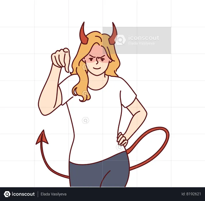 Woman demon with horns and tail points having aggressive look  Illustration
