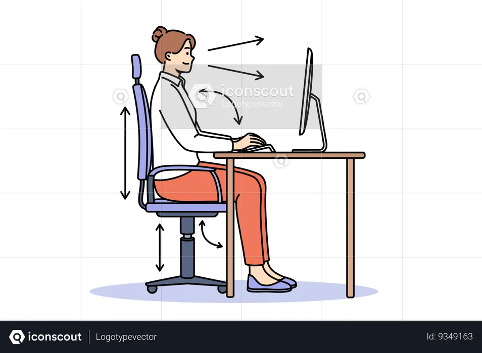 Woman demonstrates correct posture for working with computer and sitting with straight back at table  Illustration