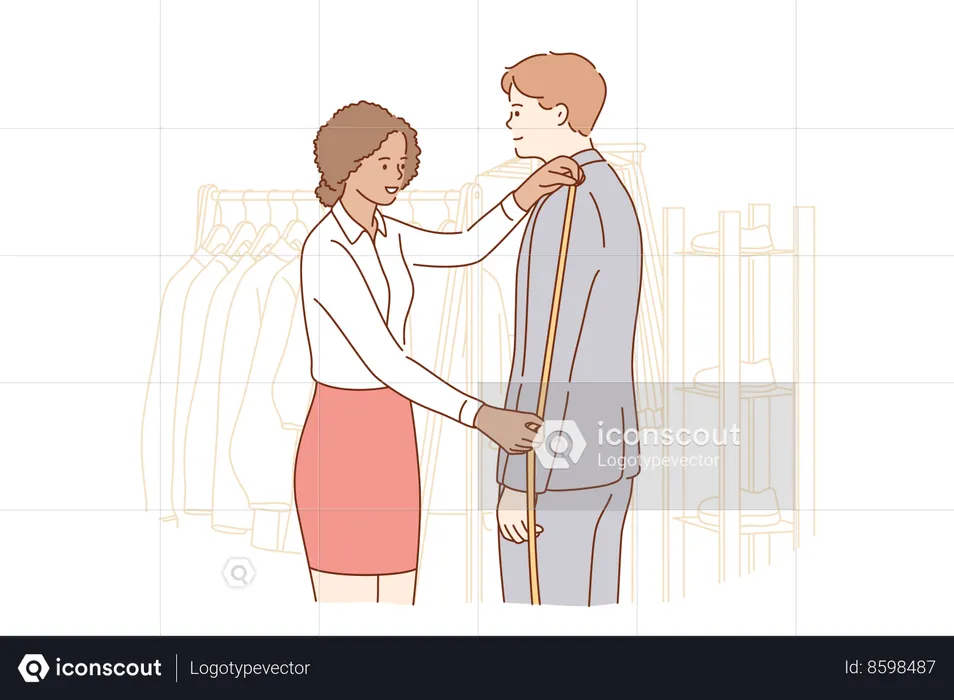 Woman designer measuring sleeve jacket with tape for businessman  Illustration