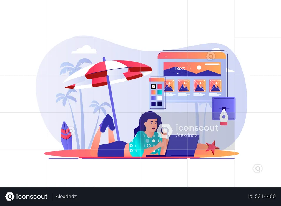 Woman designer working at laptop and lying at beach by sea  Illustration