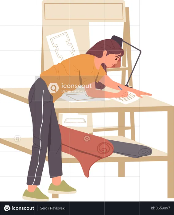 Woman designing fashion bag sketching and making pattern on paper while working at workshop  Illustration