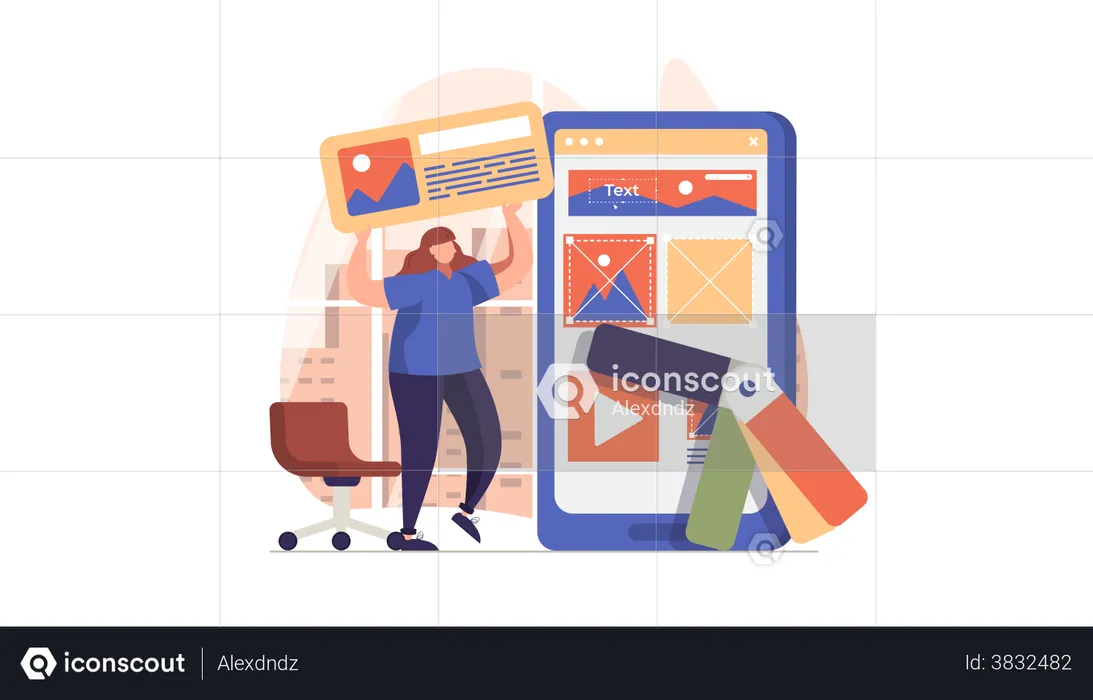 Woman designing smartphone app interface  Illustration