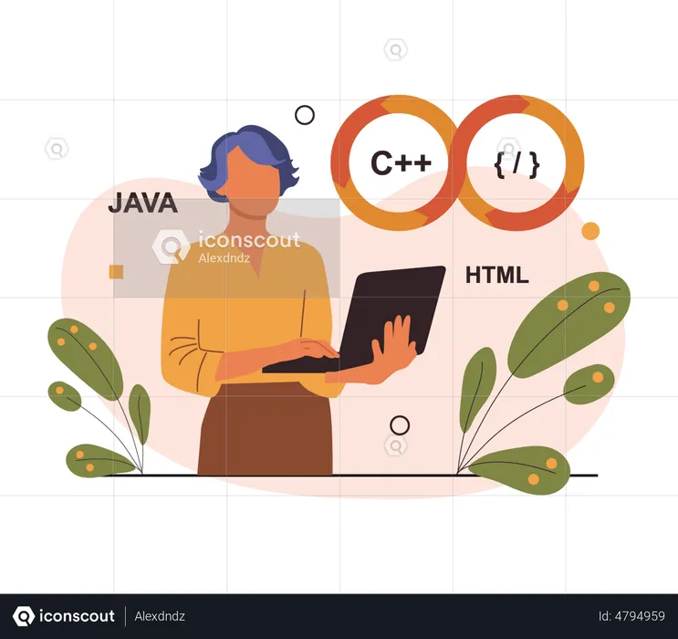 Woman developer working on laptop  Illustration