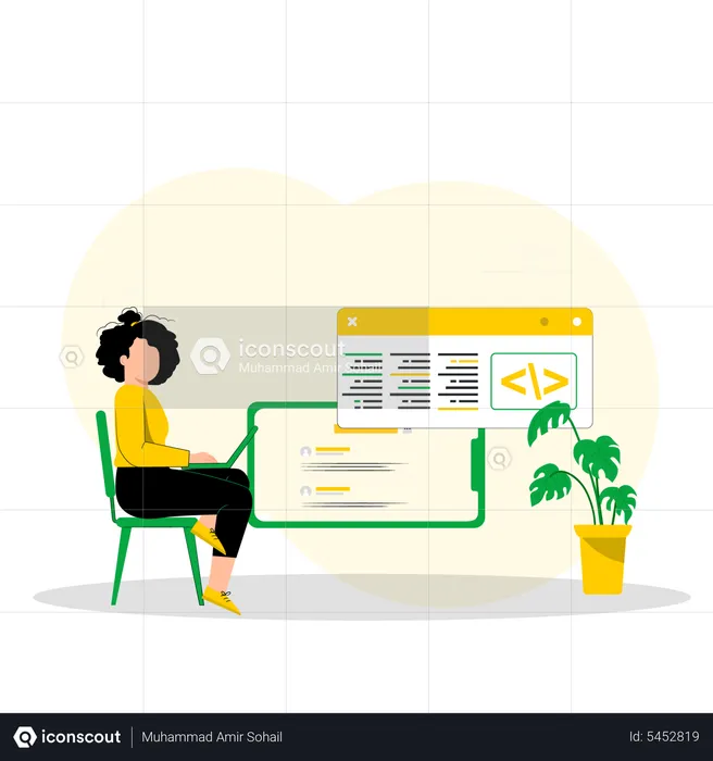 Woman developer working on laptop  Illustration