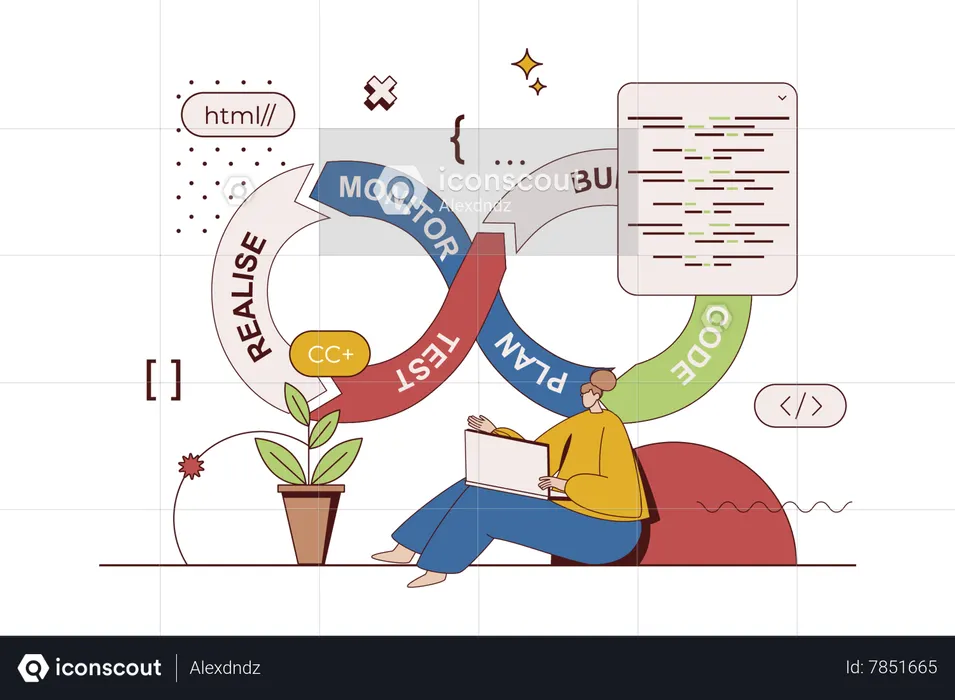 Woman developer working on project and coding apps  Illustration