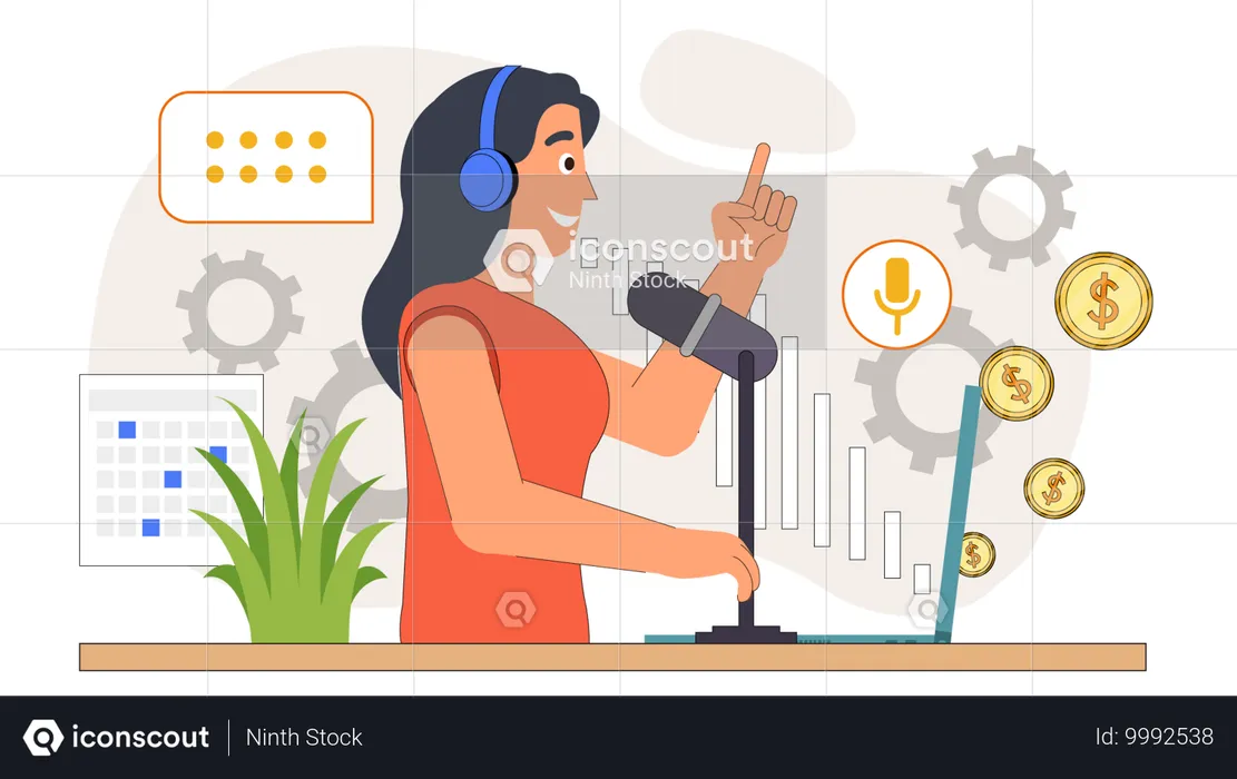 Woman discussing financial podcast on radio  Illustration