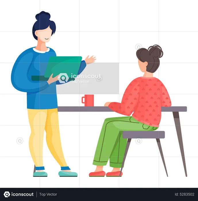 Woman discussing workflow with colleagues  Illustration