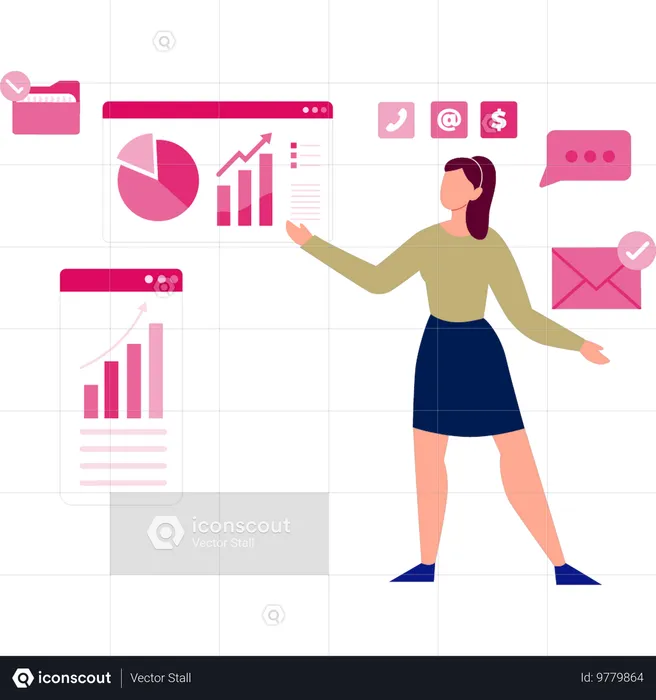 Woman displaying graphical diagrams  Illustration