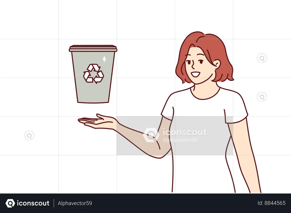 Woman displays trash can with recycling sign and calls for sorting garbage to take care of environment  Illustration