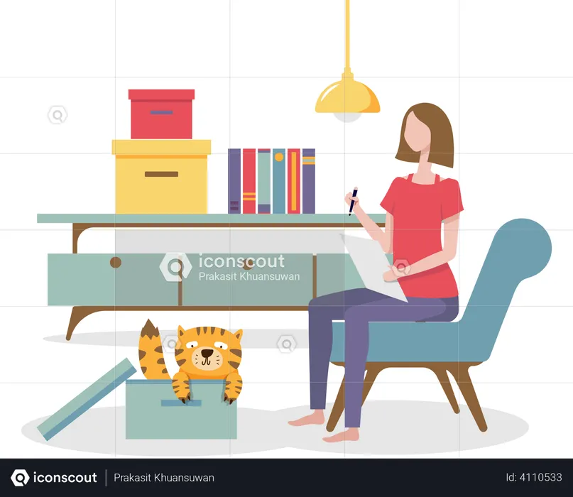 Woman distracted by cat while work from home  Illustration