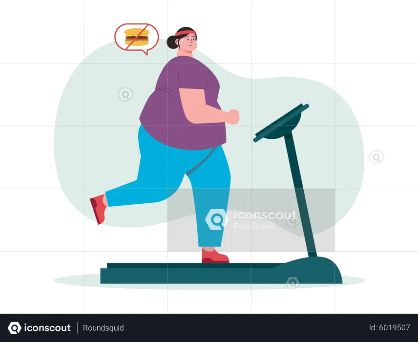 Woman do exercise on treadmill while avoiding fast food  Illustration