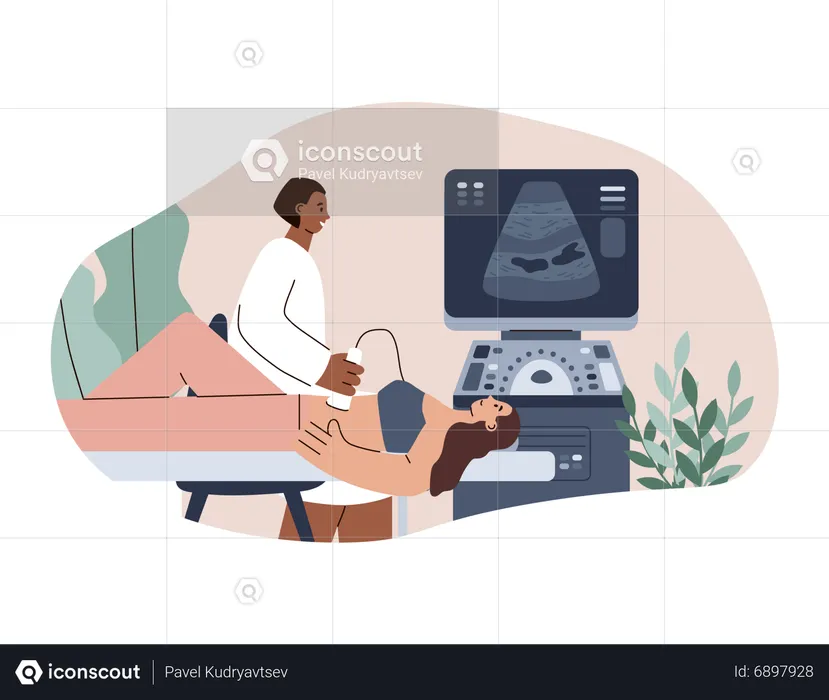 Woman doctor character making abdominal ultrasound for young girl  Illustration