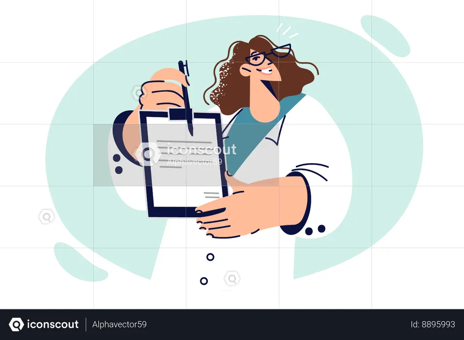 Woman doctor demonstrates clipboard with treatment plan  Illustration