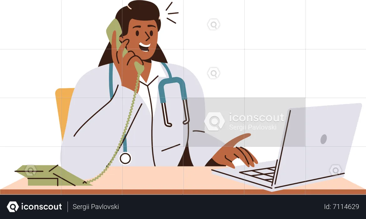 Woman doctor having call with patient and working on laptop sitting at desk table  Illustration