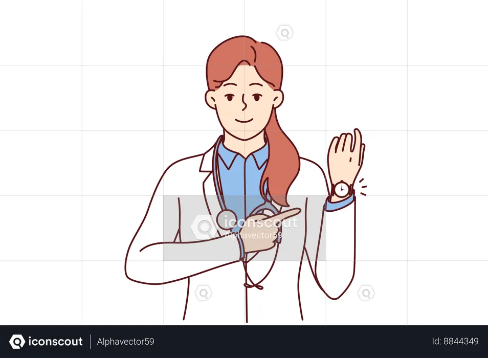 Woman doctor points at wristwatch  Illustration