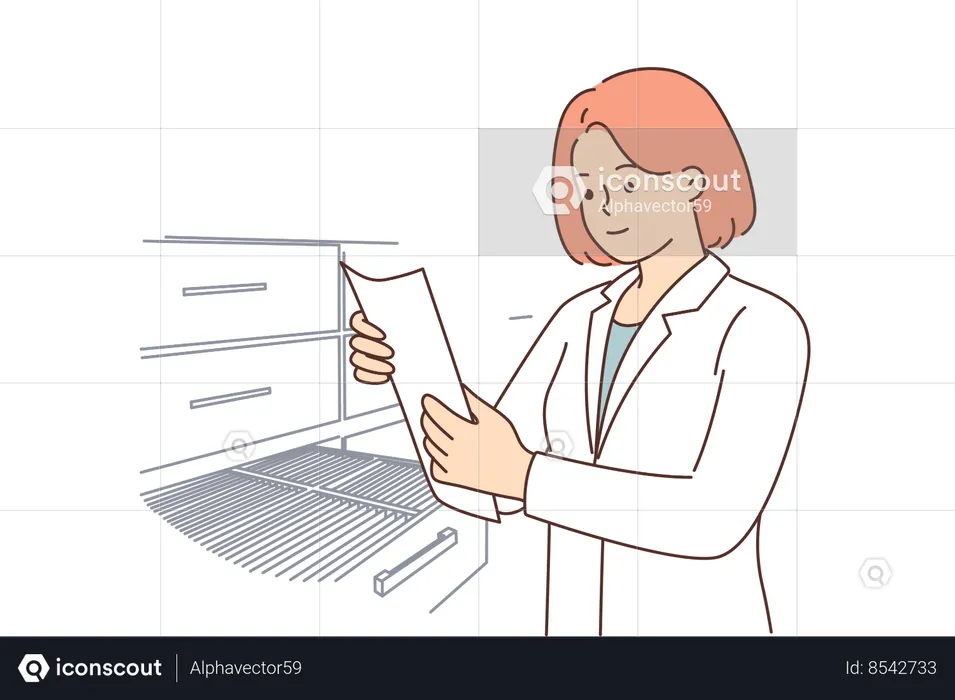 Woman doctor stands in archive of hospital and takes out patient questionnaire from closet  Illustration