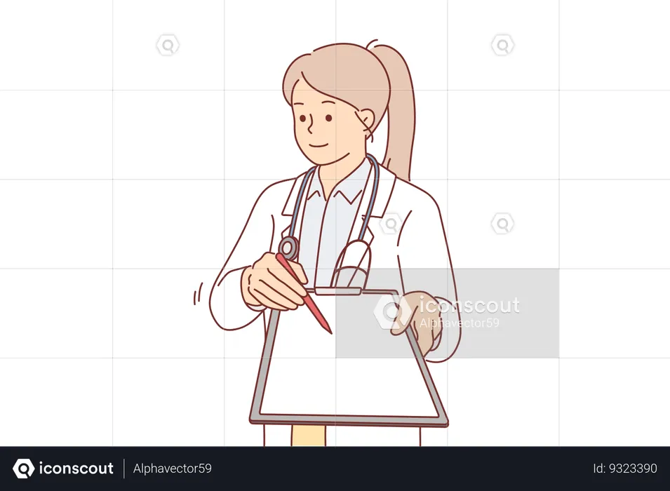 Woman doctor with clipboard in hands wants to get patient signature with permission for surgery  Illustration