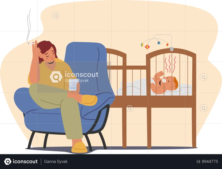 Woman does not care for her new born baby  Illustration