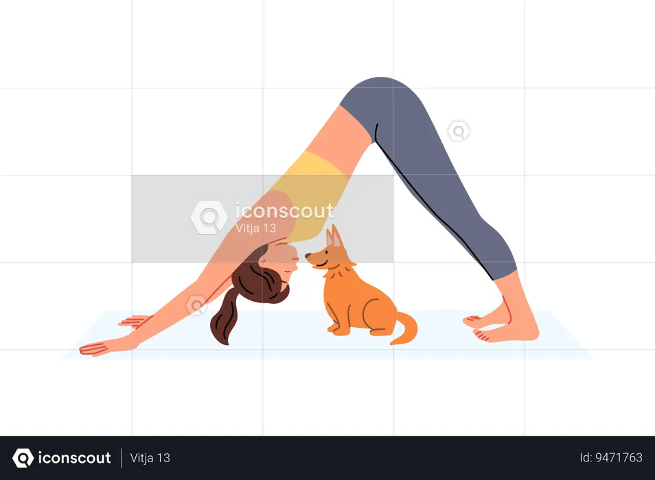 Woman does pilates on yoga mats and does stretching located near with funny puppy  Illustration