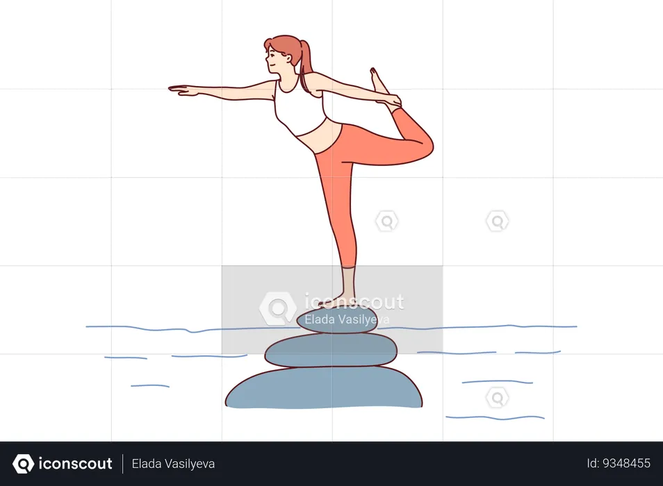 Woman does pilates or yoga standing on river rocks on one leg, maintaining perfect balance  Illustration