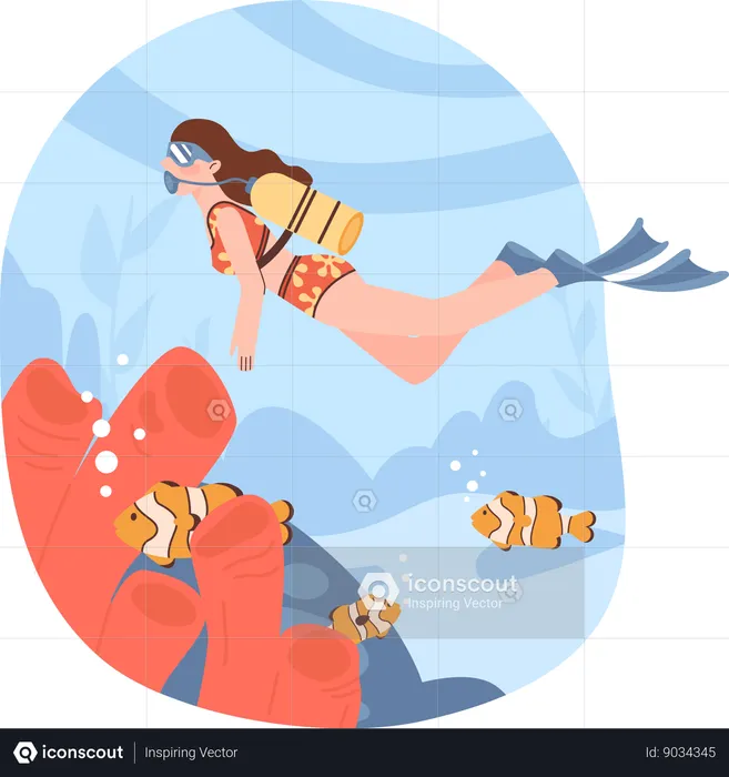 Woman does scuba to see underwater fishes  Illustration