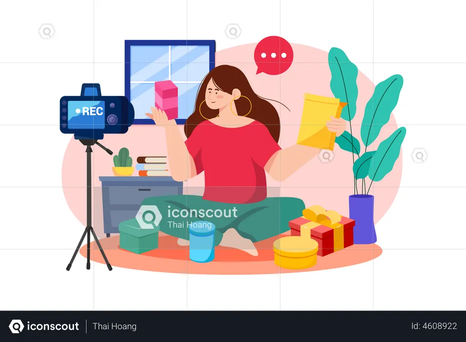 Woman doing a product unboxing video  Illustration