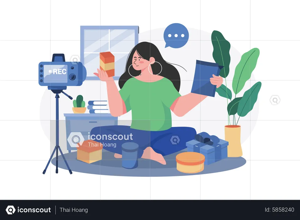 Woman doing a product unboxing video  Illustration