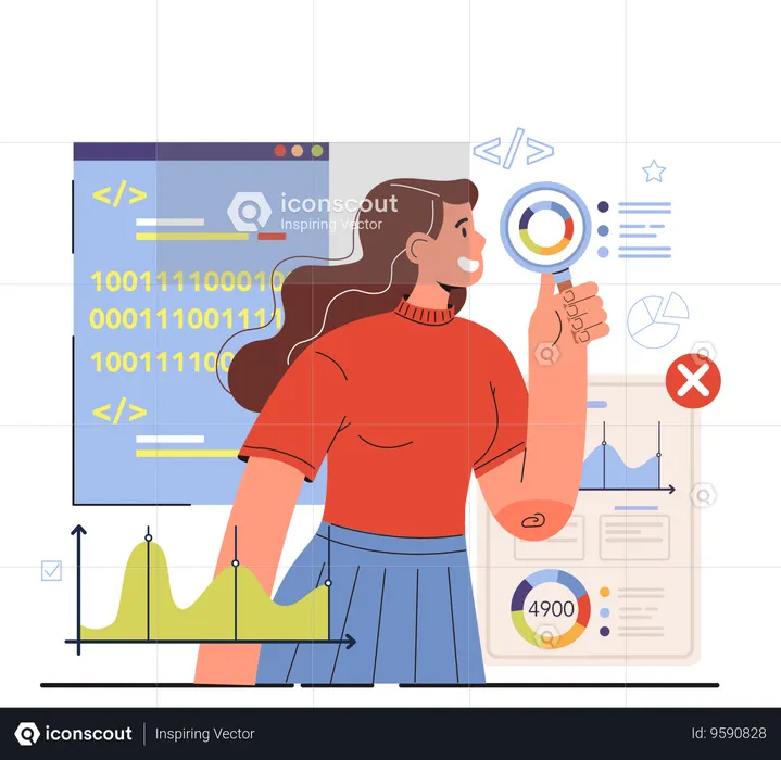 Woman doing binary coding and analysis  Illustration