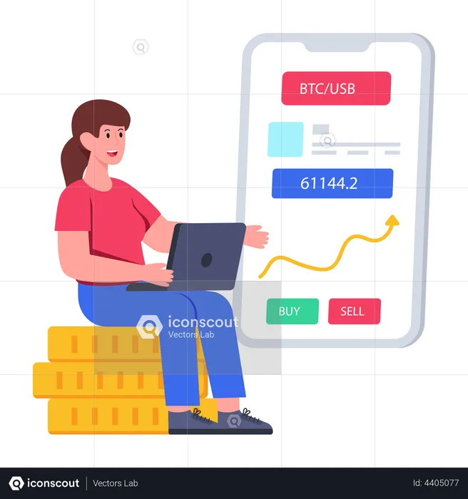 Woman doing Bitcoin trading on app  Illustration
