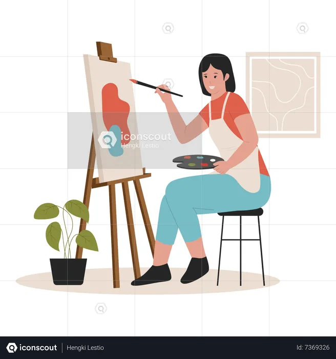 Woman doing canvas painting  Illustration