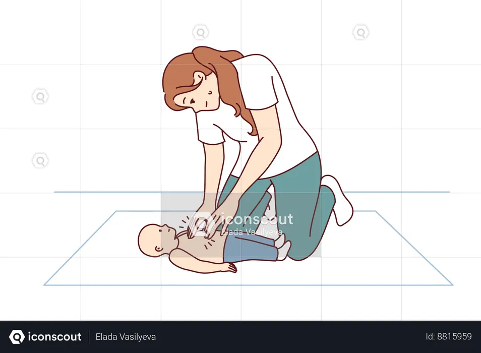 Woman doing CPR massage to infant  Illustration