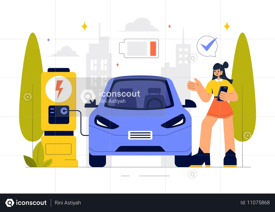 Woman doing Electric Car Battery Charging  Illustration
