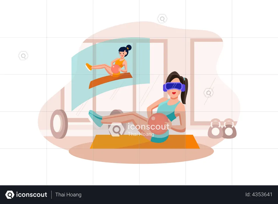 Woman doing exercise using VR tech  Illustration