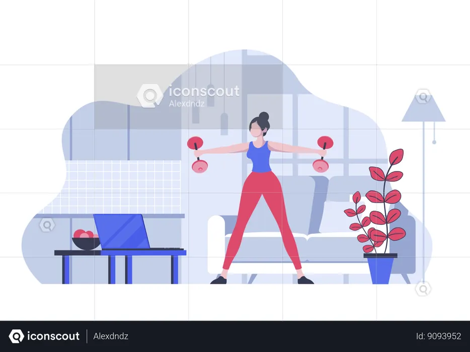 Woman doing exercise with dumbbells with video training lesson  Illustration