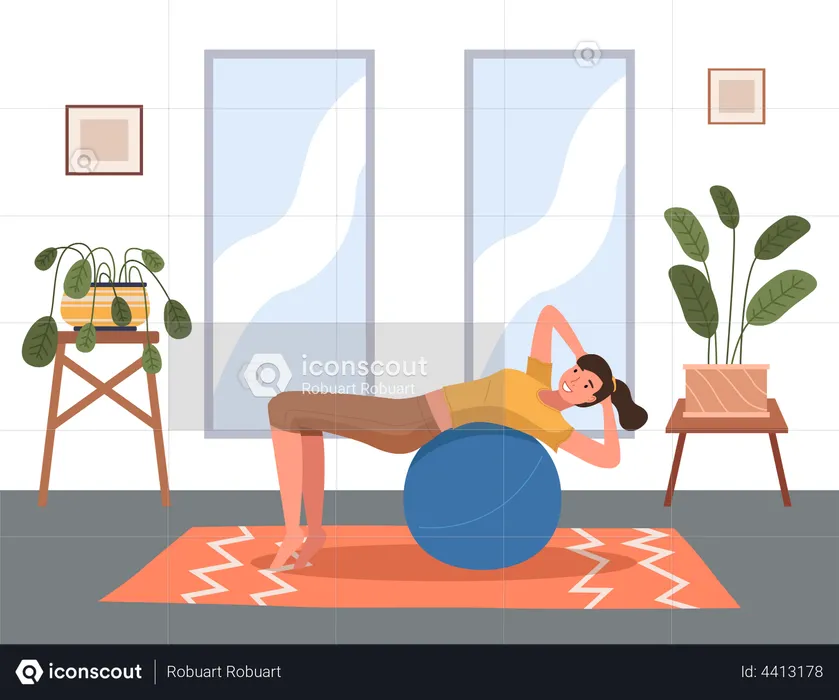 Woman doing fitness exercise at home with ball  Illustration