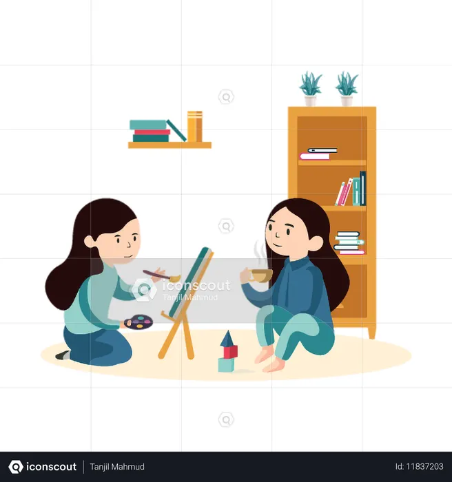 친구 얼굴 스케치를 하는 여성  일러스트레이션