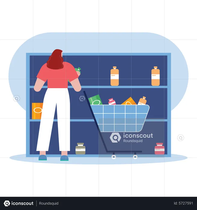 Woman doing grocery shopping in mall  Illustration