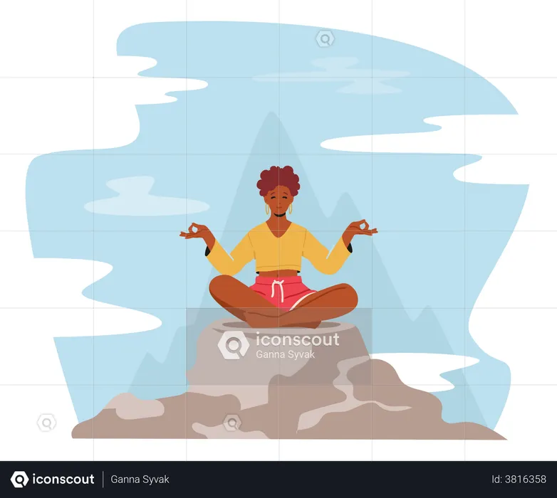 Woman Doing Meditation On Mountain Peak  Illustration