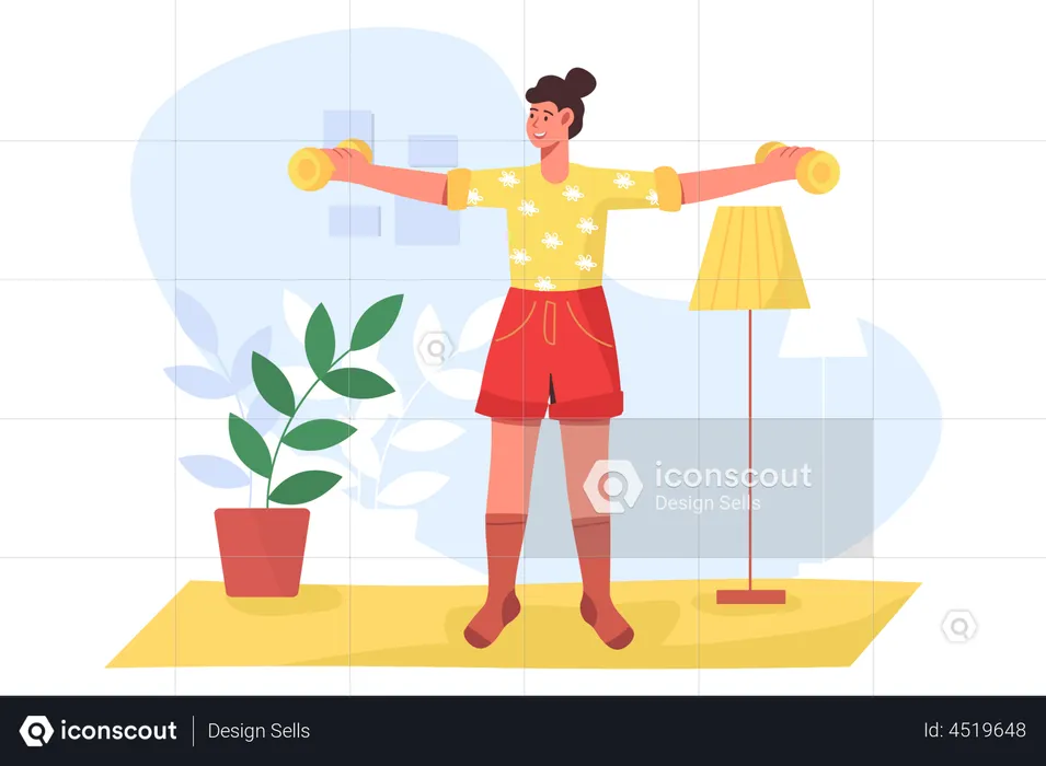 Woman doing morning exercises with dumbbells at home  Illustration