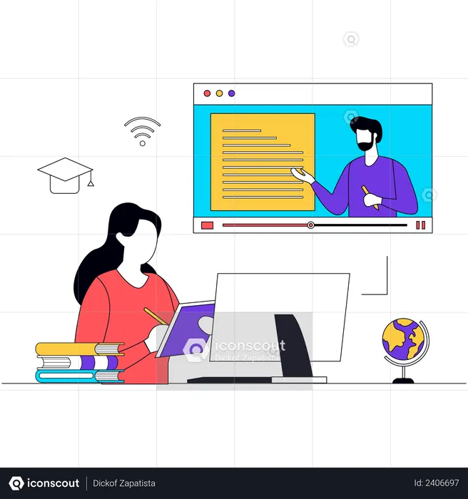 オンライン認定コースを受講する女性  イラスト