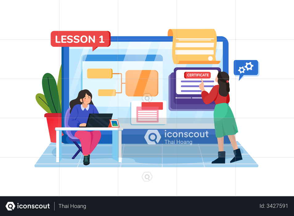 Best Premium Woman doing online certificate course Illustration download in PNG & Vector format Best Premium Woman doing online certificate course Illustration download in PNG & Vector format