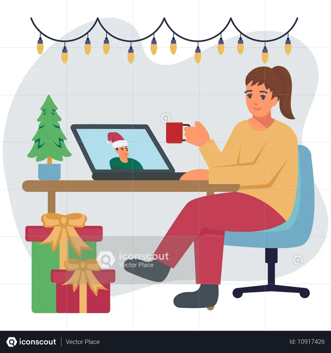 Woman doing online christmas celebration  Illustration