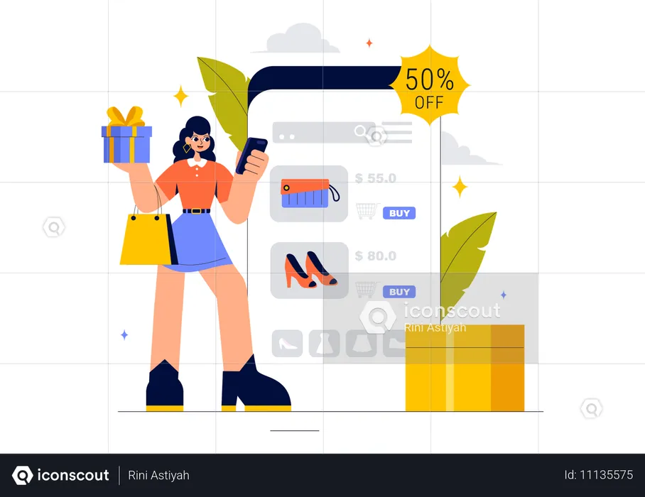 Woman doing online clothes shopping  Illustration