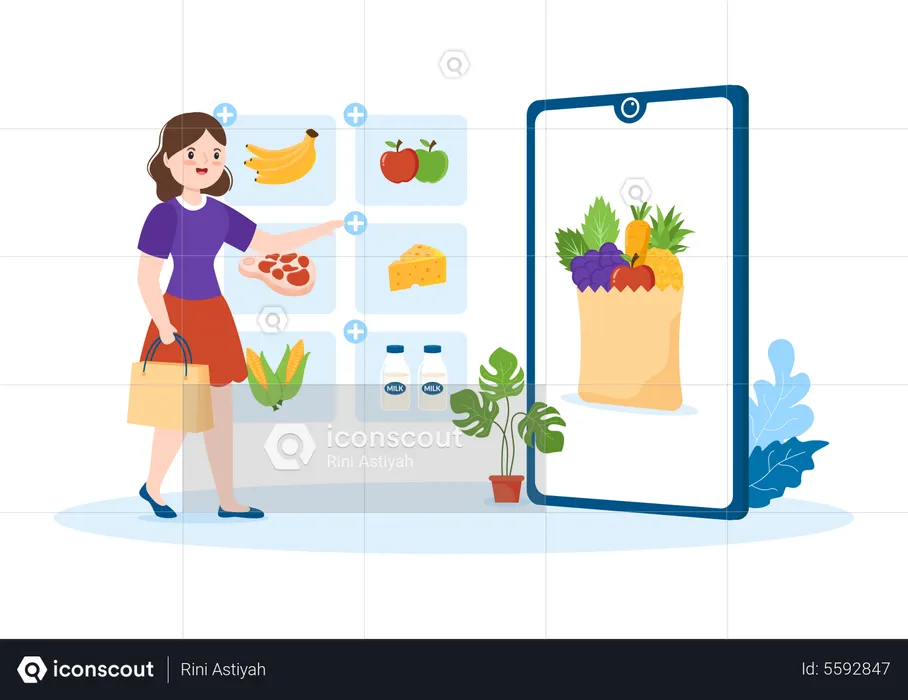 Woman doing online Grocery shopping  Illustration