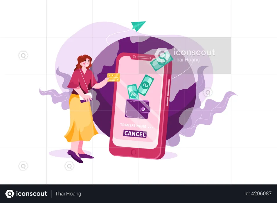 Woman doing online international transaction  Illustration