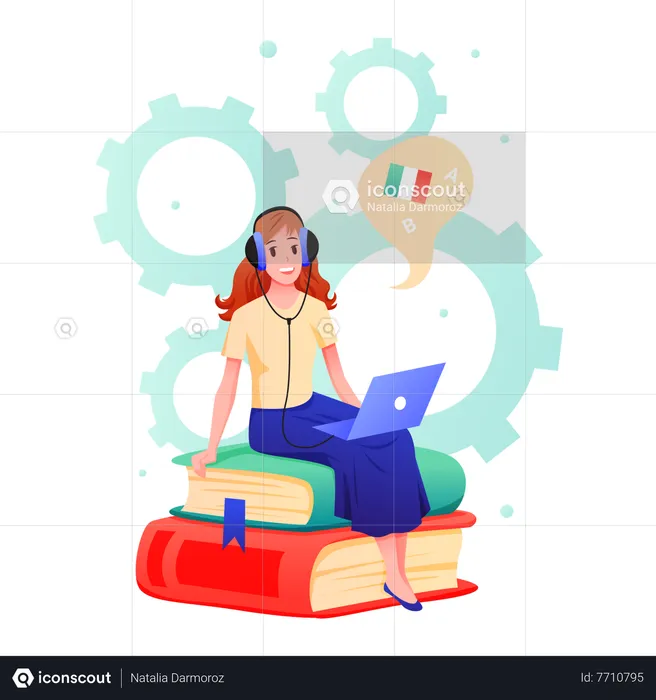 Woman doing online language course  Illustration